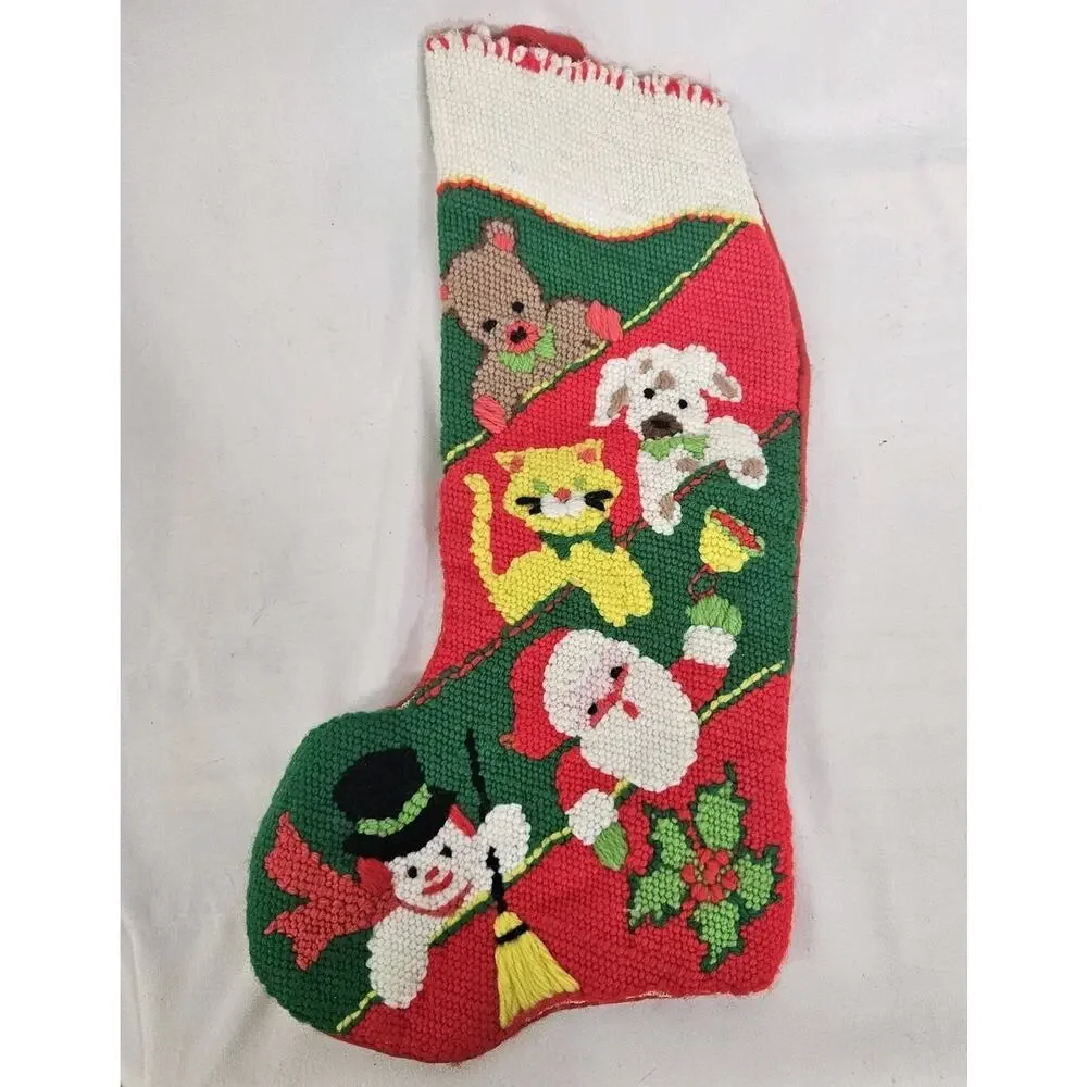 Lot Of 2 Vintage Handmade Needlepoint Cat Dog Snowman Santa Christmas Stockings